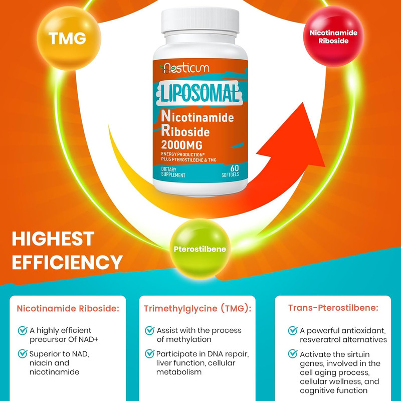 2000 MG Liposomal Nicotinamide Riboside Supplement, High Absorption, NAD+ Boo…