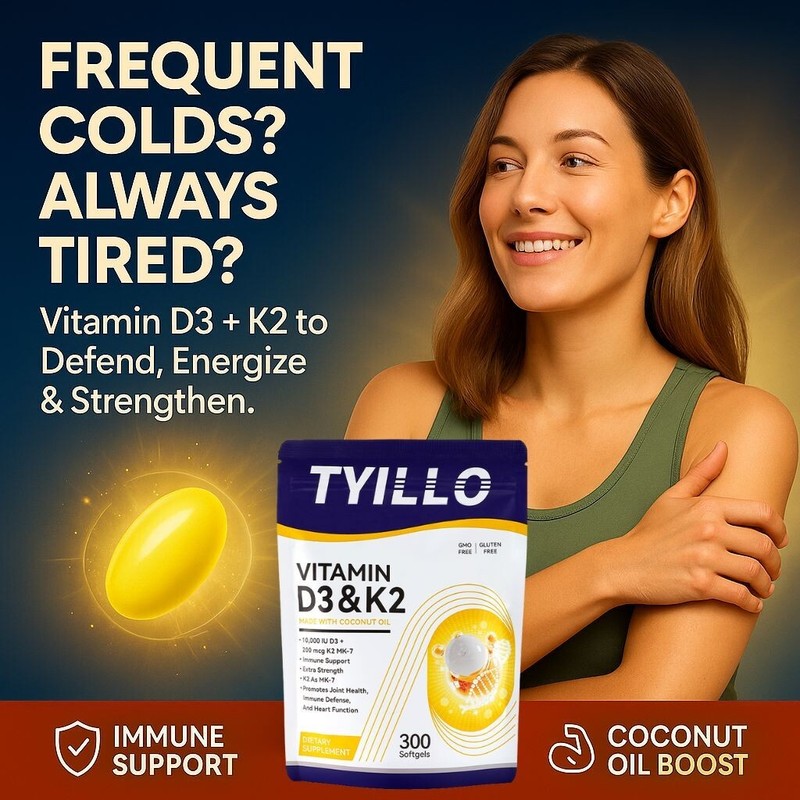 D3&K2 Vitamins – 300 Softgels with Coconut Oil for Daily Immune System Support