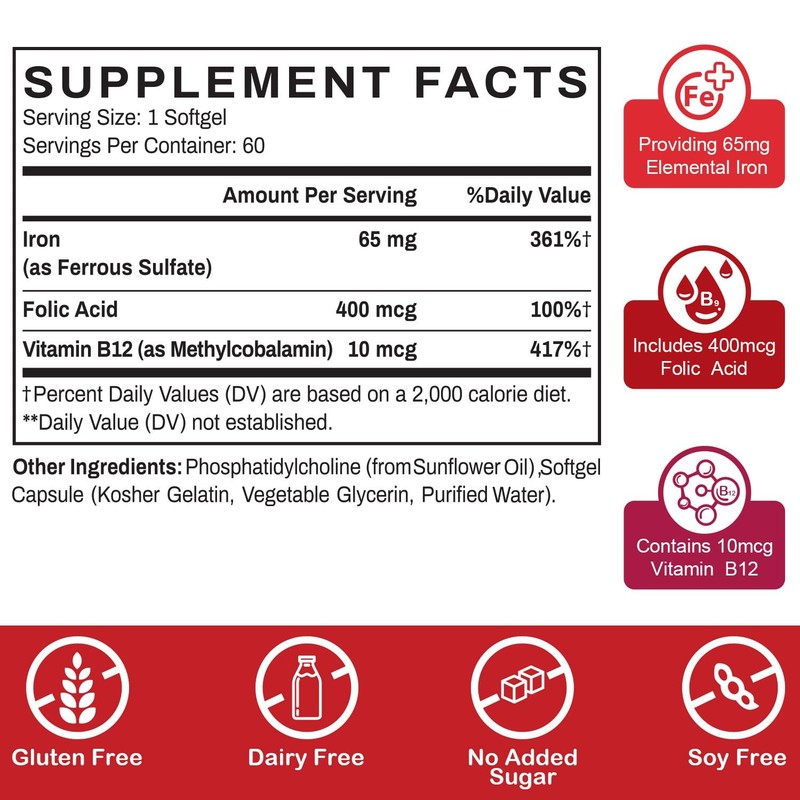 Liposomal Iron Supplement 65 mg with Folic Acid B12 for Energy Support 60 gallery