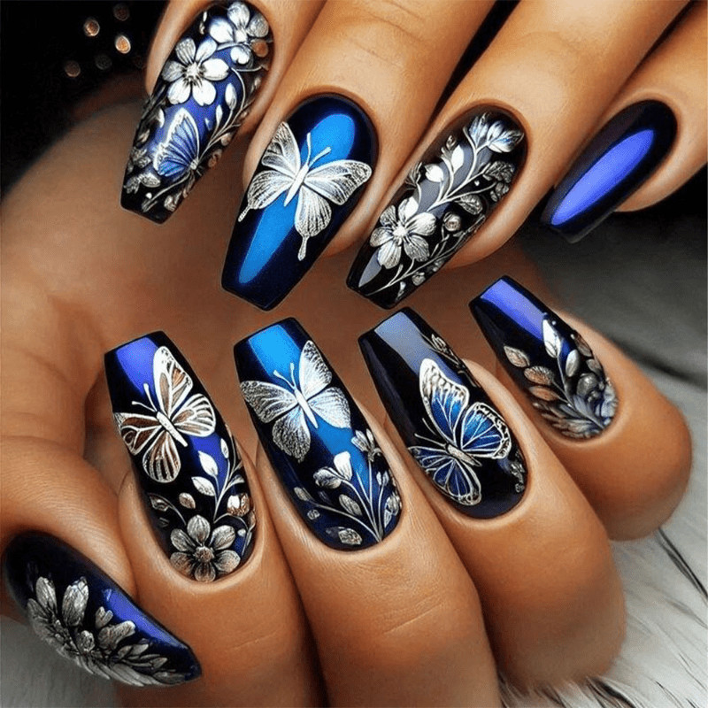 48Pcs-Metallic Blue Black Silver Butterfly Floral Long Glossy Coffin Nails Set
