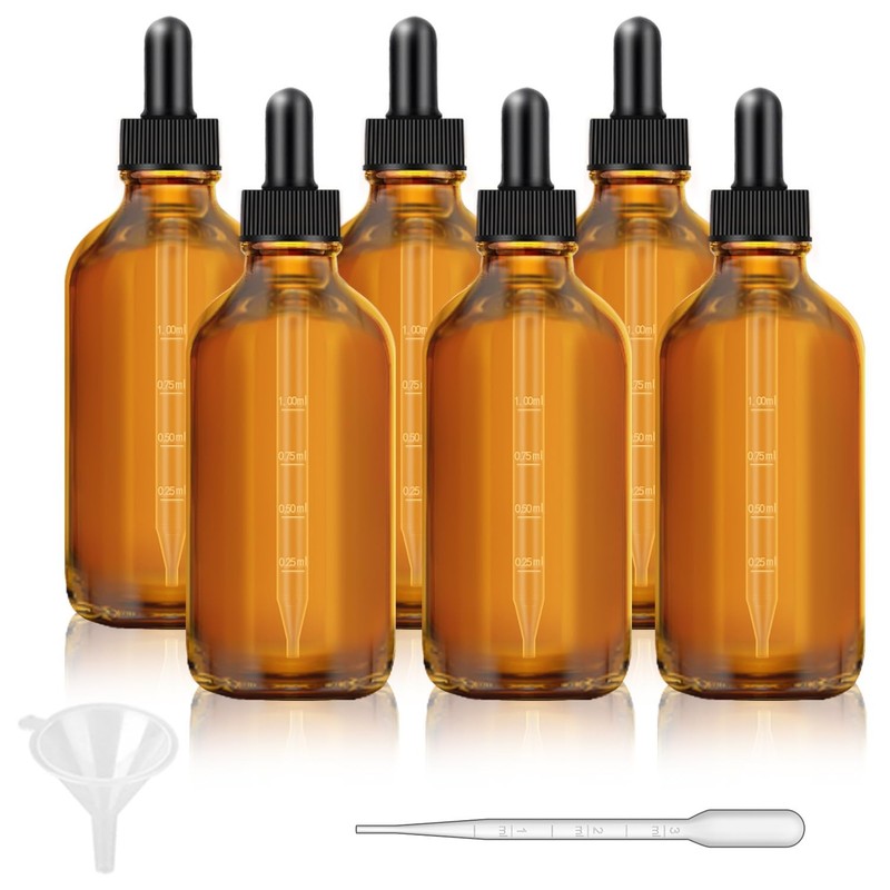 Amber Dropper Bottles 4oz with Pipette Funnel Labels 6 Pack