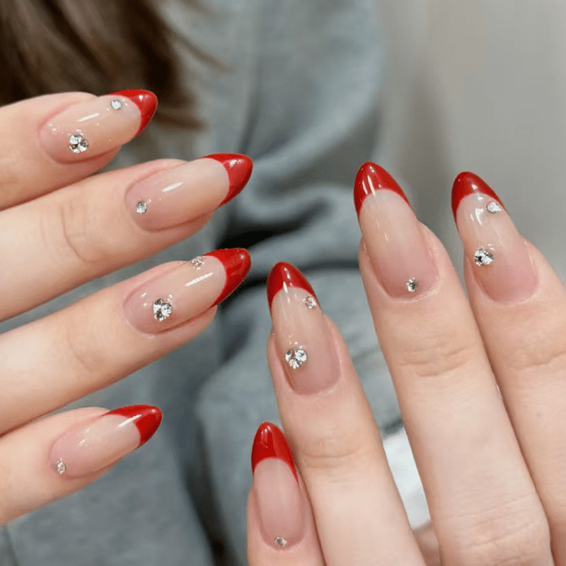 48Pcs Medium Almond Nails, Red French Edge, Rhinestone Decor, Elegant Style