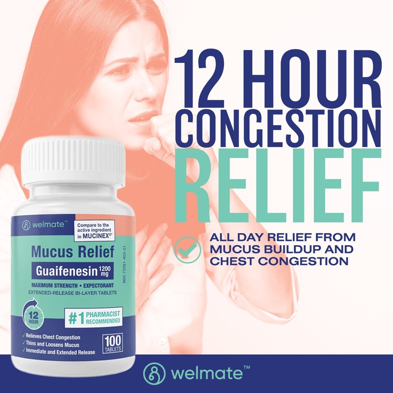Welmate Mucus Relief | Guaifenesin 1200 mg Maximum Strength | 100 Count gallery