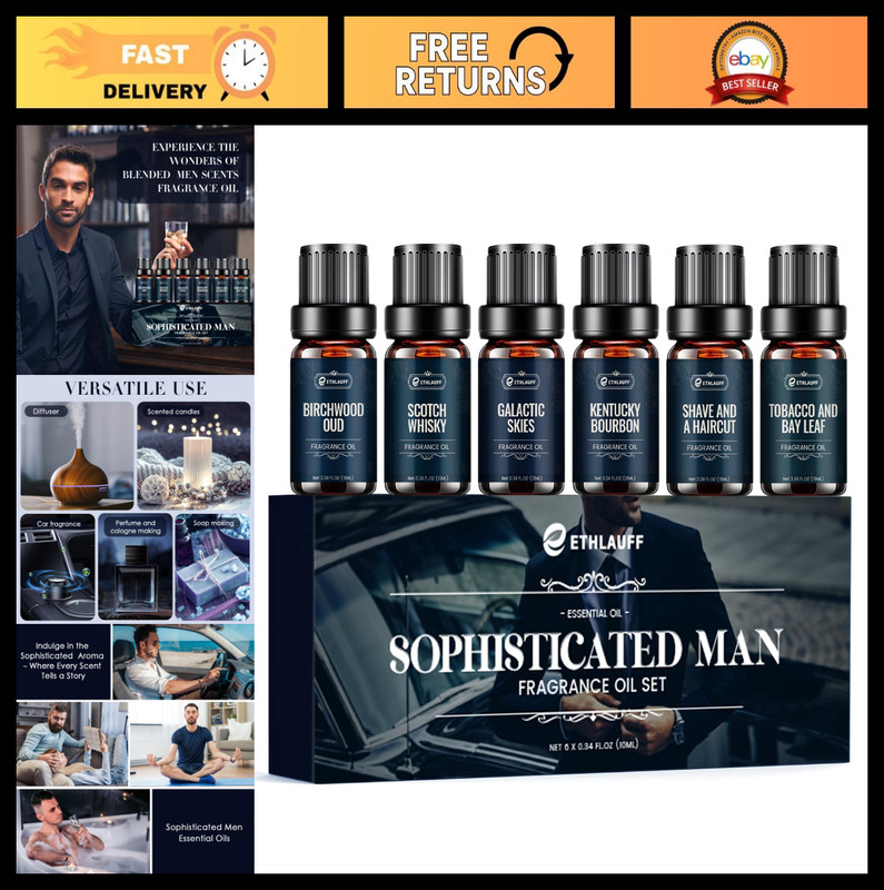 Essential Oils Set for Men – 6 Fragrance Oils for Diffuser, Candle & Soap Making