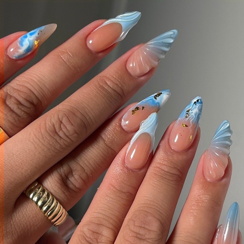 48Pcs-3D Blue Shell Marble Gold Foil Stiletto Press on Nails Mermaid Fake Nails gallery