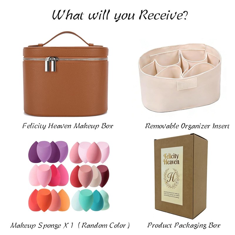Felicity Haven Round Leather Makeup Bag - Waterproof 8x5.5x6 inches, Brown gallery