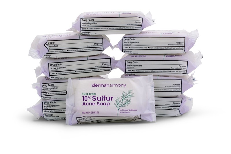 10% Sulfur Soap with Tea Tree Oil – DermaHarmony 4oz – 10 Bars (Wrapper)