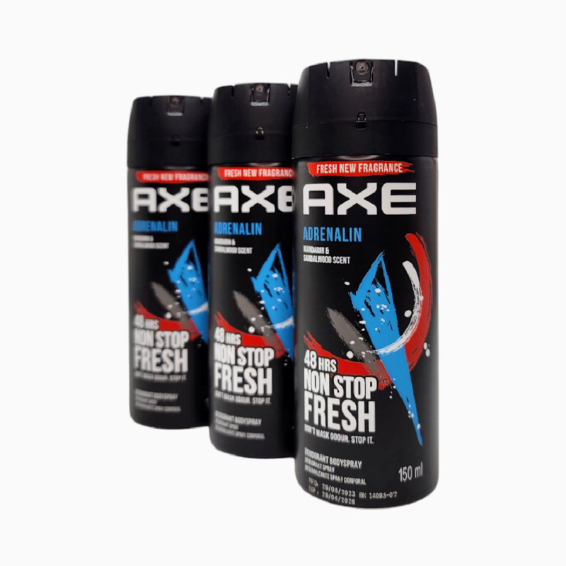 3 Pack Axe Adrenalin Deodorant Body Spray 48H Non Stop Fresh 150ml Free Shipping