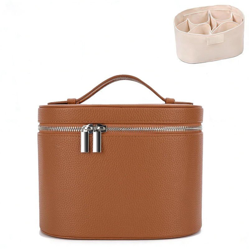 Felicity Haven Round Leather Makeup Bag – Waterproof 8×5.5×6 inches, Brown
