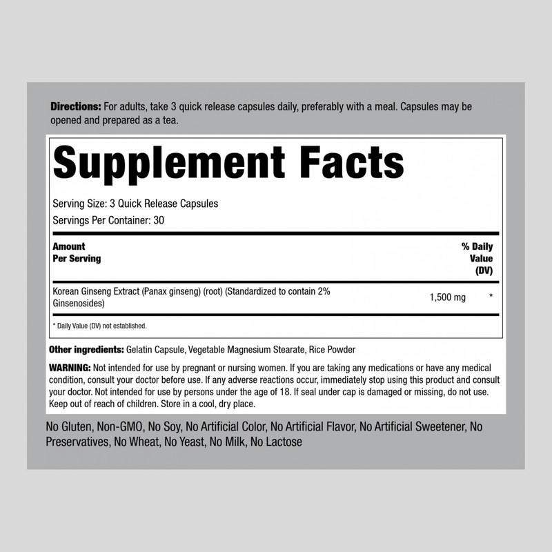 Korean Ginseng Extract | 1500mg | 90 Capsules | Non-GMO | by Piping Rock gallery