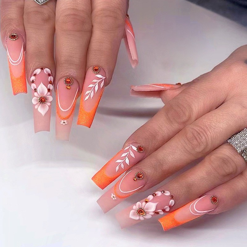 48Pcs-Orange Ombre 3D Flower Long Coffin Press on Nails Leaf Rhinestone Fake Tip