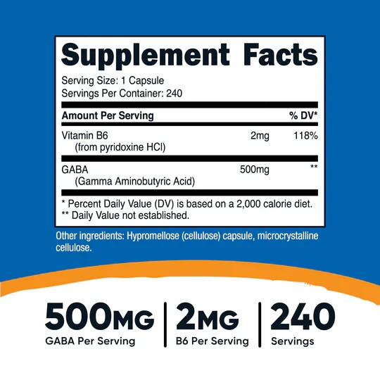 Nutricost GABA 500mg, Vitamin B6 2mg, 240 Caps EXP 05/2027 gallery