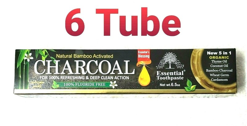 6 Tube Bamboo CHARCOAL Toothpaste By Essential Palace 5 in 1, 100% Fluoride Free