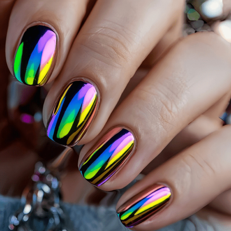 48Pcs-Chameleon Chrome Oval Press on Nails Rainbow Iridescent Glossy False Nails