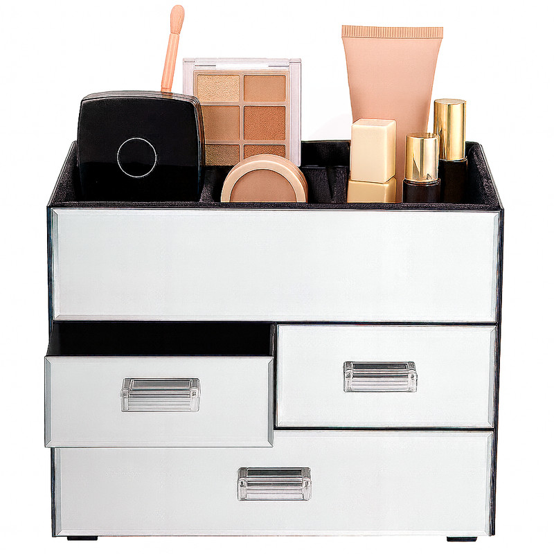 Mirrored Glass Cosmetic Organizer with 3 Drawers and Velvet Lined Compartments gallery