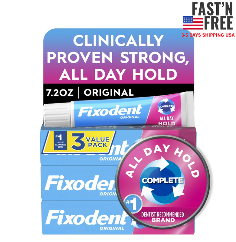 Fixodent Denture Adhesive Cream Original, All Day Hold, 2.4 oz -3 Pack