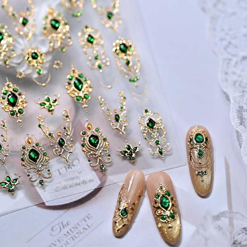 Gold Nail Art Stickers 5D Embossed Green Gem Nail Stickers Luxury Self Style-31 gallery