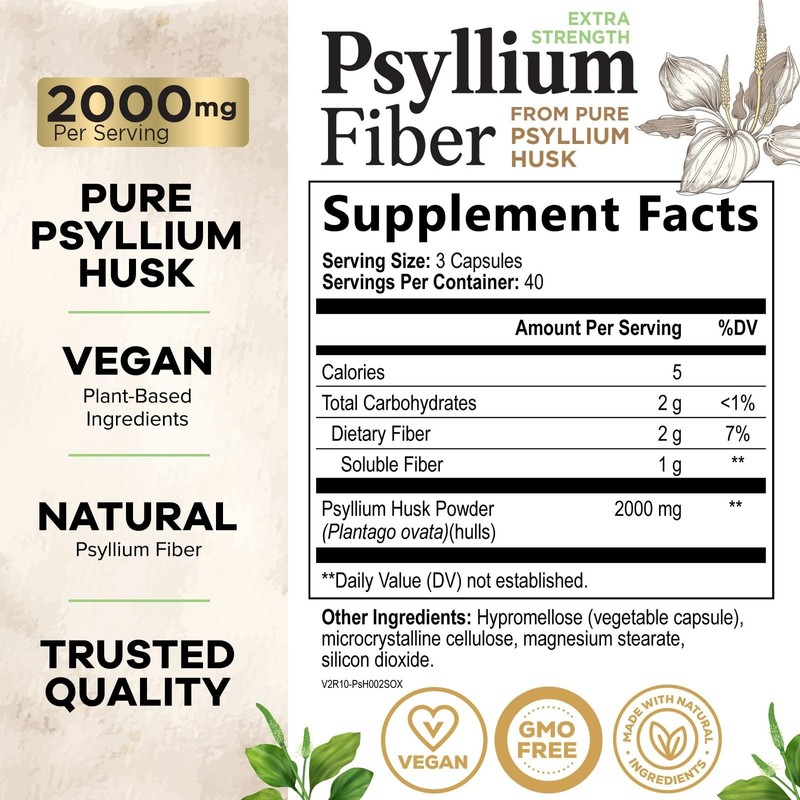High Absorption Psyllium Husk Capsules 2000mg Daily Fiber Supplement, Psyllium.. gallery
