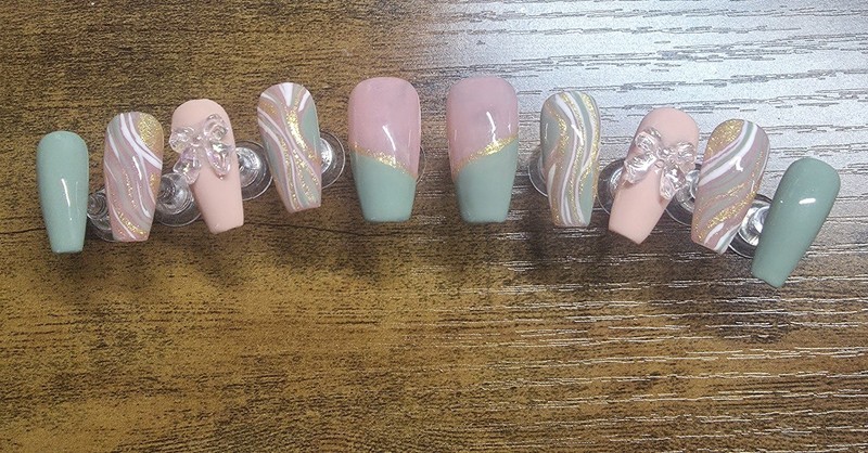 Long Coffin Full Cover Press-On Nails Pink Green White 3D Bow Pre-Designed