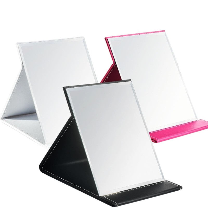 3 Pack Portable Folding Makeup Mirror with Stand 8×6 Inches PU Leather Travel…