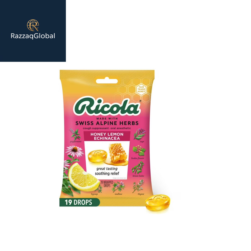 Ricola Honey Lemon Echinacea Cough Drops, Sore Throat Relief, 19 Count