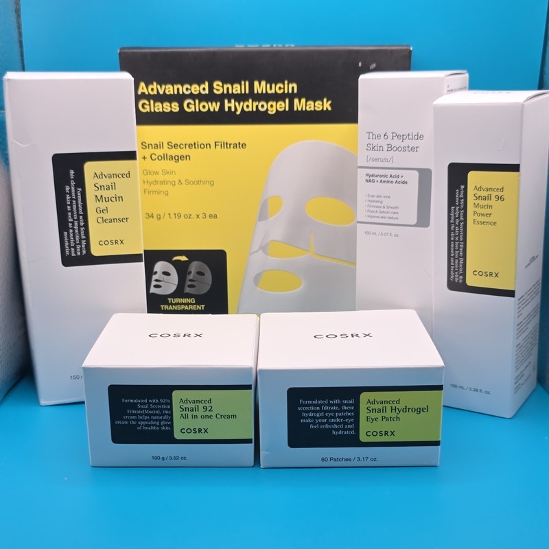 COSRX 6 pc Advanced Snail Glass Glow Skin Care Set, face mask, eye patches, ect.