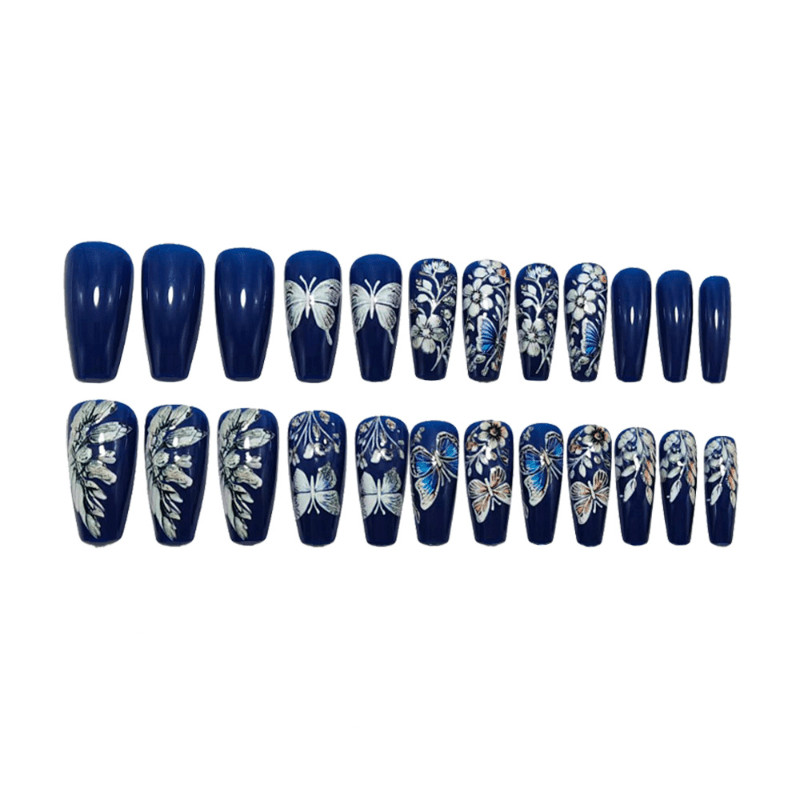 48Pcs-Metallic Blue Black Silver Butterfly Floral Long Glossy Coffin Nails Set gallery