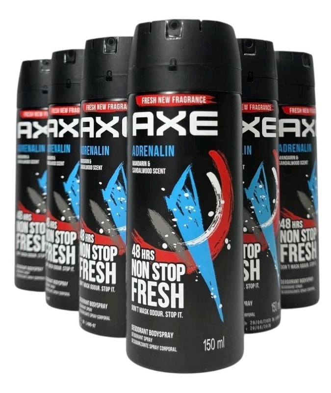6 Pack Axe Adrenalin Deodorant Body Spray 48H Non Stop Fresh 150ml Free Shipping