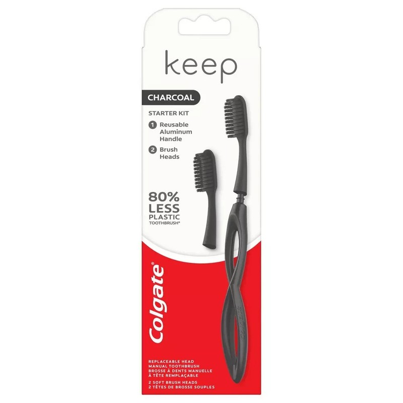 Keep Charcoal Toothbrush Kit 1 Reuseable Aluminum Metal Handle 2 Soft Brush Head