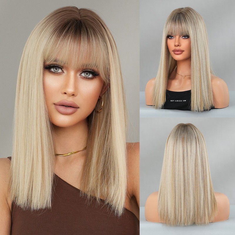 Linen Blonde with Bangs Synthetic Full Wig for Women Rooted Ash Blonde Wig 17″