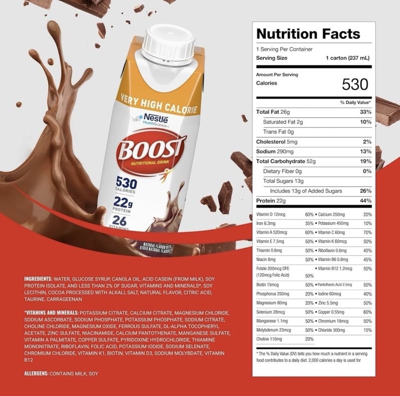 Nestle Boost Very High Calorie Complete Nutritional Drink Chocolate 8 oz 24 Ct