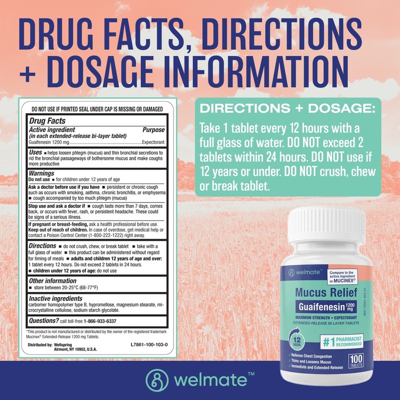 Welmate Mucus Relief | Guaifenesin 1200 mg Maximum Strength | 100 Count gallery