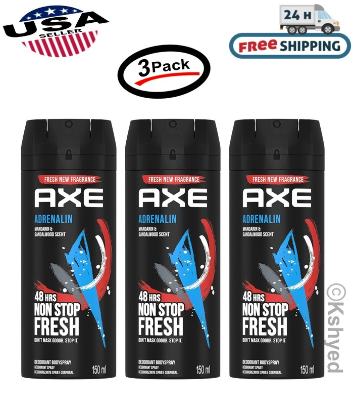 Axe Adrenalin Mens Deodorant Body Spray, 150ml (3 Pack) – New – Free Shipping