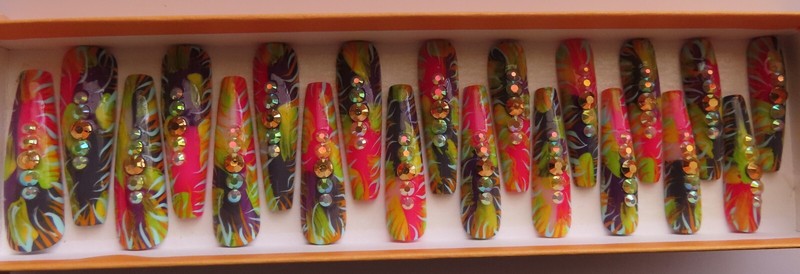XL Pink Purple Blue Orange Yellow Rhinestone Abstract Coffin Press On Nails (20) gallery