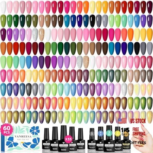 60 Pcs Gel Nail Polish Set, 55 Colors Gel Polish with Base All Colors You Want