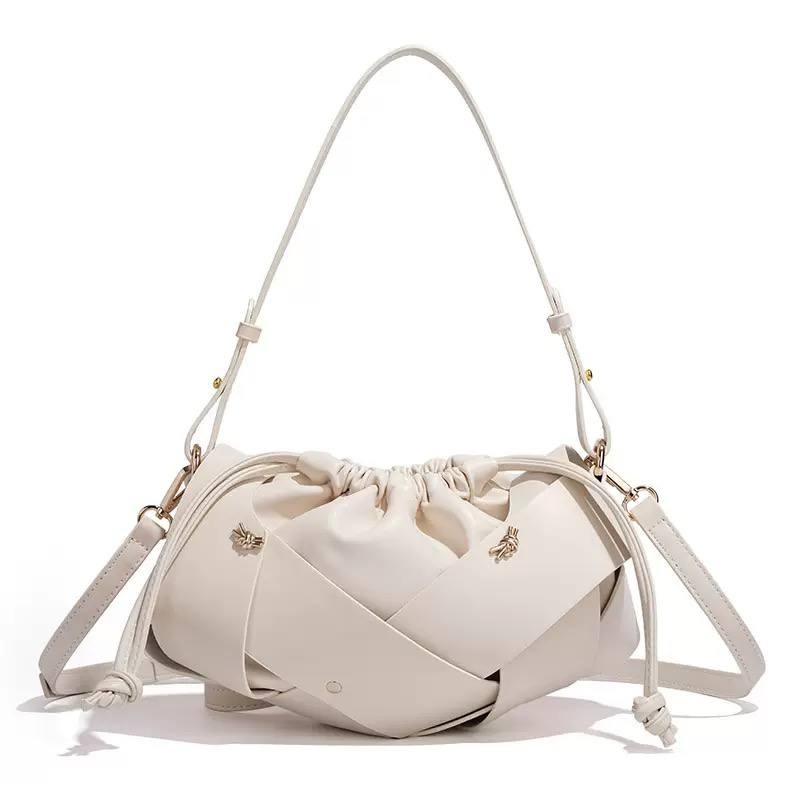 Ivory White Woven Drawstring Bag Women Shoulder Crossbody Purse