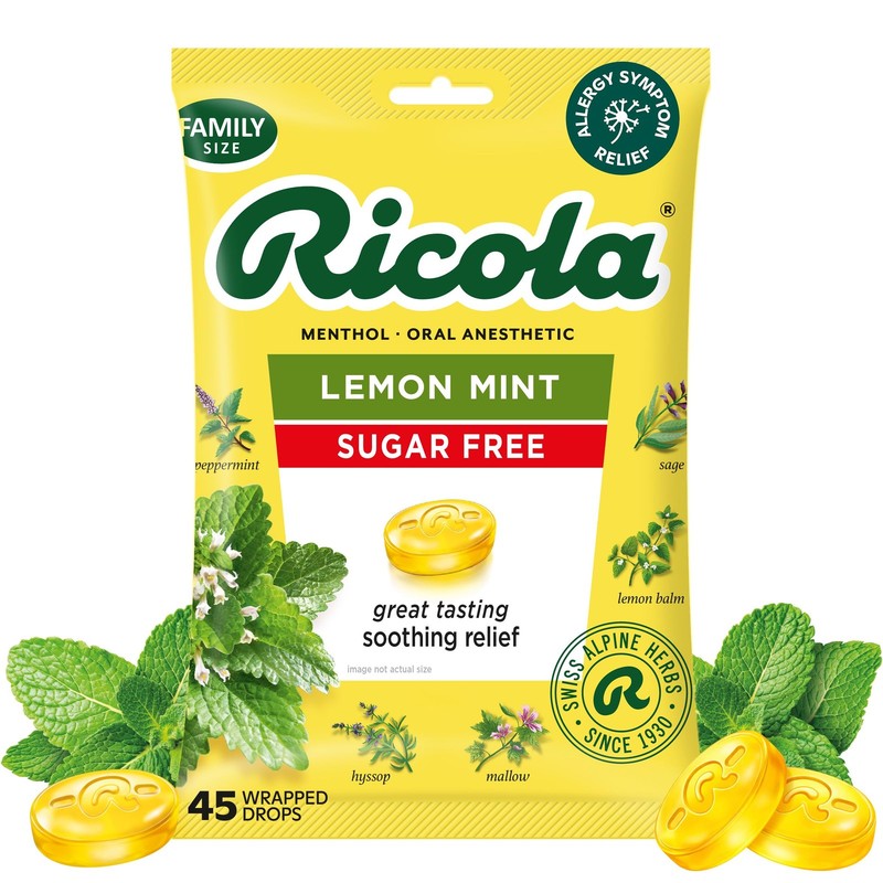 Ricola Big Bag Sugar Free Lemon Mint Cough 45 Count (Pack of 1), Yellow