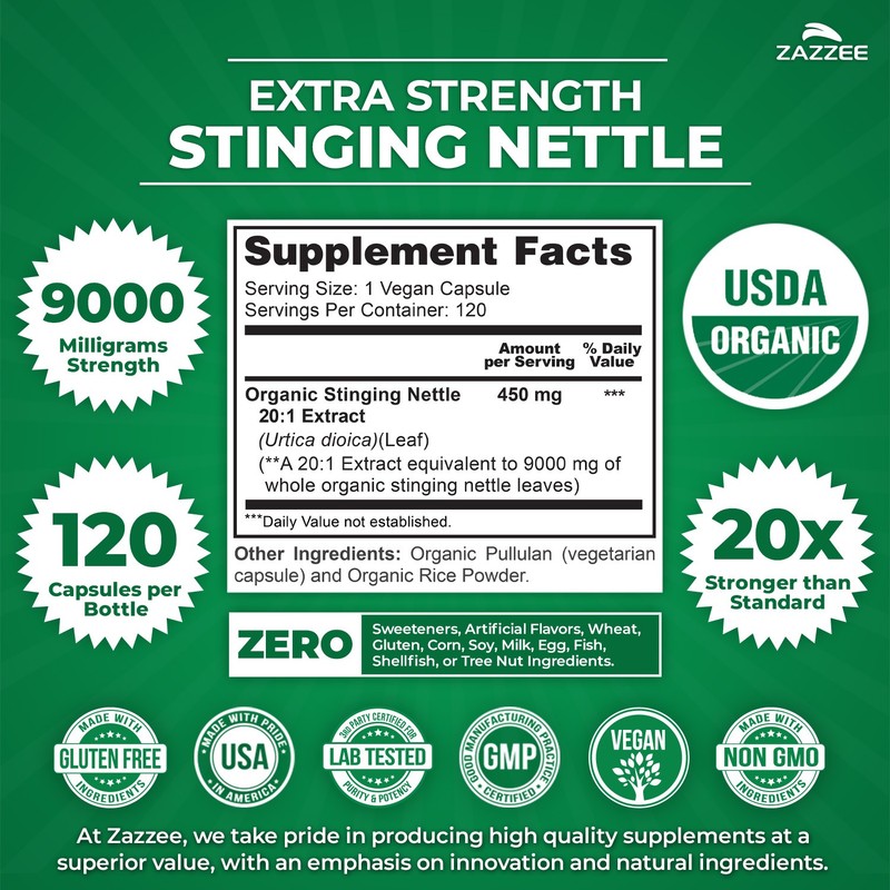 USDA Organic Stinging Nettle 20:1 Extract, 9000 mg Strength, 120 Vegan Capsules gallery