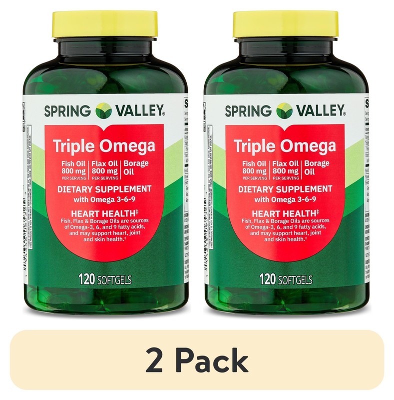 (2 pack) Spring Valley Triple Omega, Fish Oil 800mg, Flax Oil 800mg, and Borage