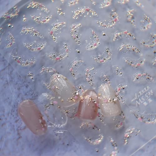 French Star Moon Nail Art Stickers 5D Embossed Luxury Crystal Flower style-C