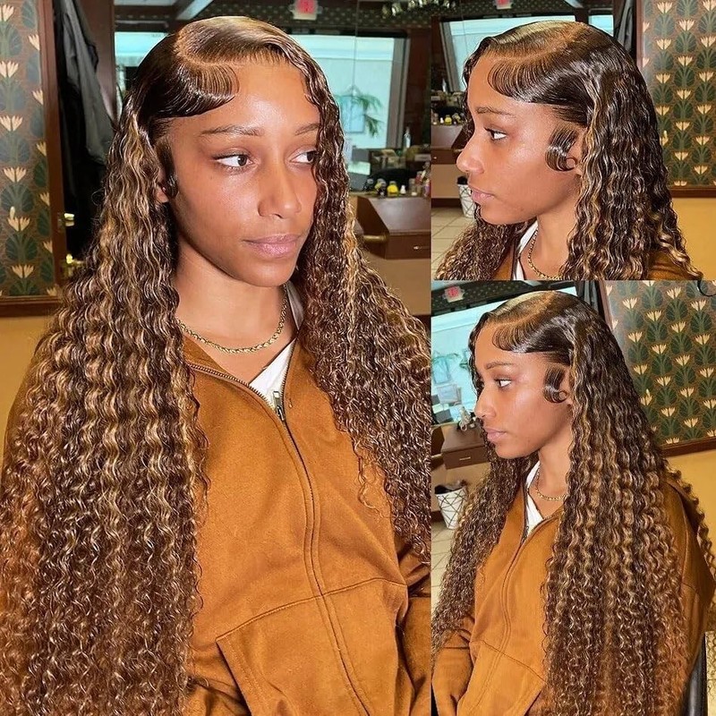 Daxundi Highlight Ombre Lace Front Wigs Human Hair 13X6 Honey Blonde Deep Wave gallery