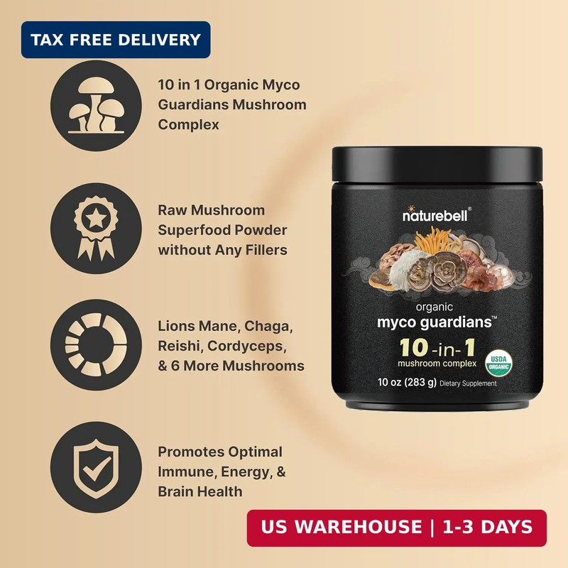 NatureBell Organic Mushroom Powder, 10oz | 10-in-1 Adaptogenic Blend with Lion's gallery