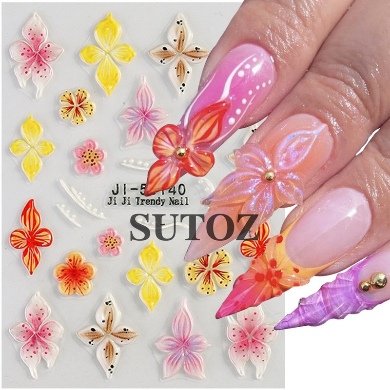3D Hawaiian Flower Embossed Lily Hibiscus Floral Nail Art Stickers Decor NH29 gallery