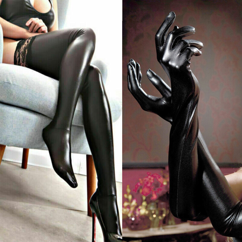 Sex Hold-up Stockings Patent Look Latex Leather Wet Look Gloves Whip SM Clubwear