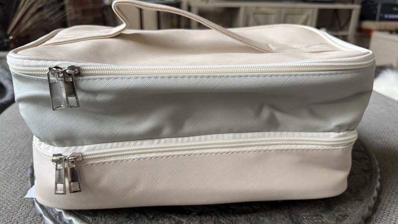 Beige & White Double Zipper Makeup Bag with Handle and Pockets gallery