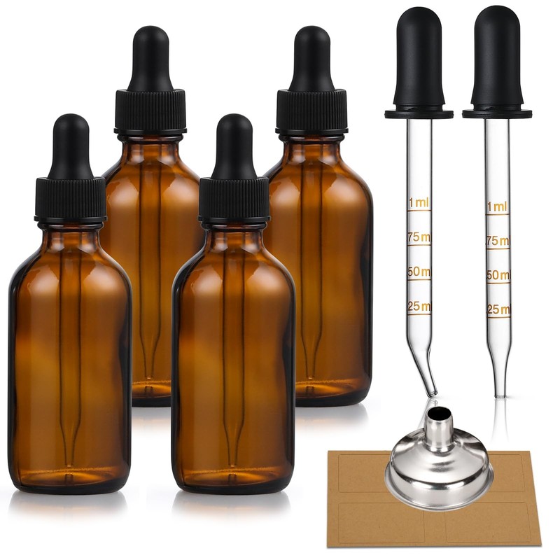 4 Pack Amber Glass Dropper Bottles Plus Graduated Pipettes – 1ml 30ml Dark