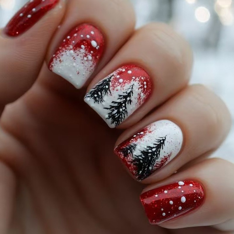 48pcs Christmas Press on Nails Red White Snowflake Tree Reusable False Nails gallery
