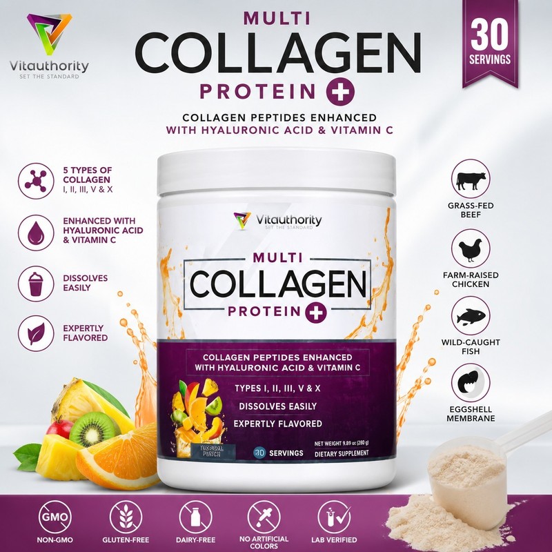 Vitauthority Multi Collagen Protein+ w/ Hyaluronic Acid & Vitamin C, Tropical