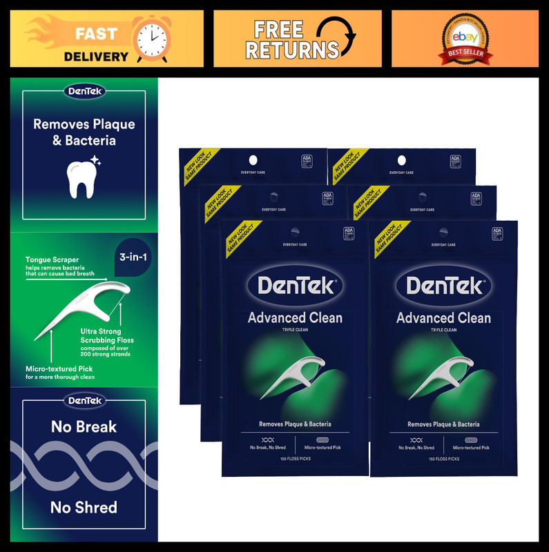 Advanced Clean Floss Picks – No Break, No Shred Dental Floss, 150 Count, 6 Pack