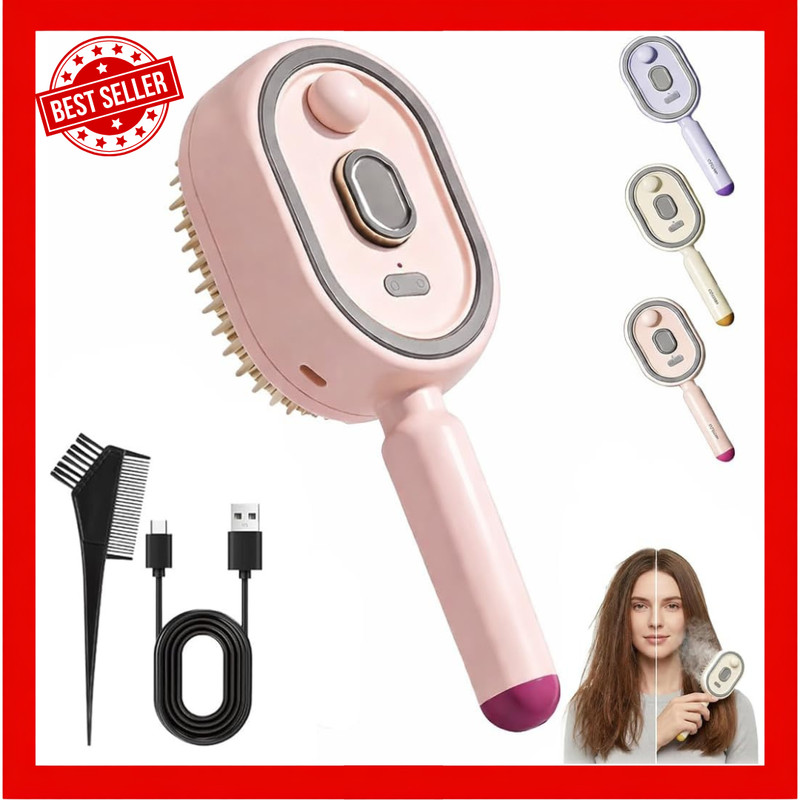 Electric Steam Hair Straightener Brush Rechargeable Anti Frizz Detangling Pink